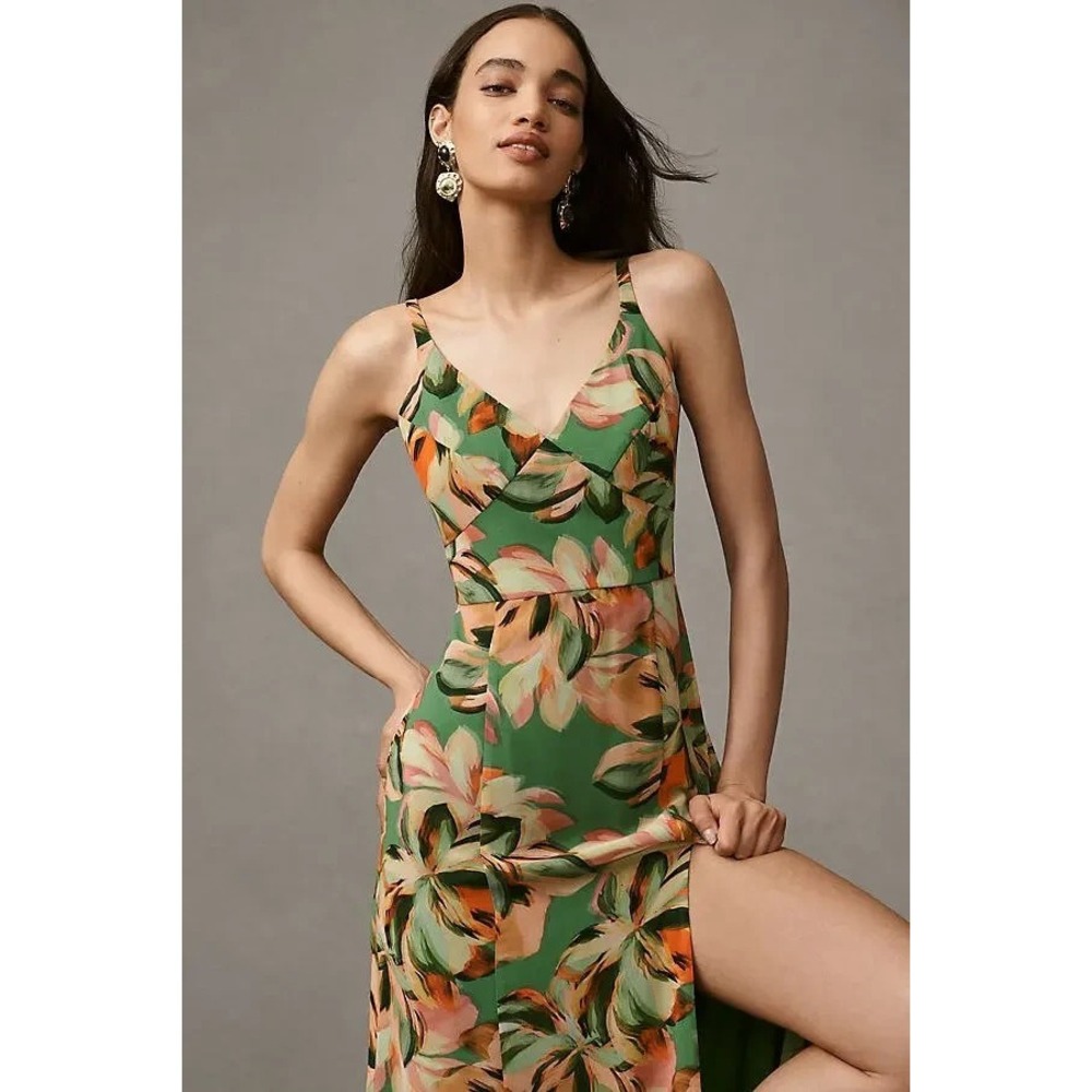 Hutch Mikayla Maxi Dress Women 6 Sage Floral Side Slit Smocked Back Occasion